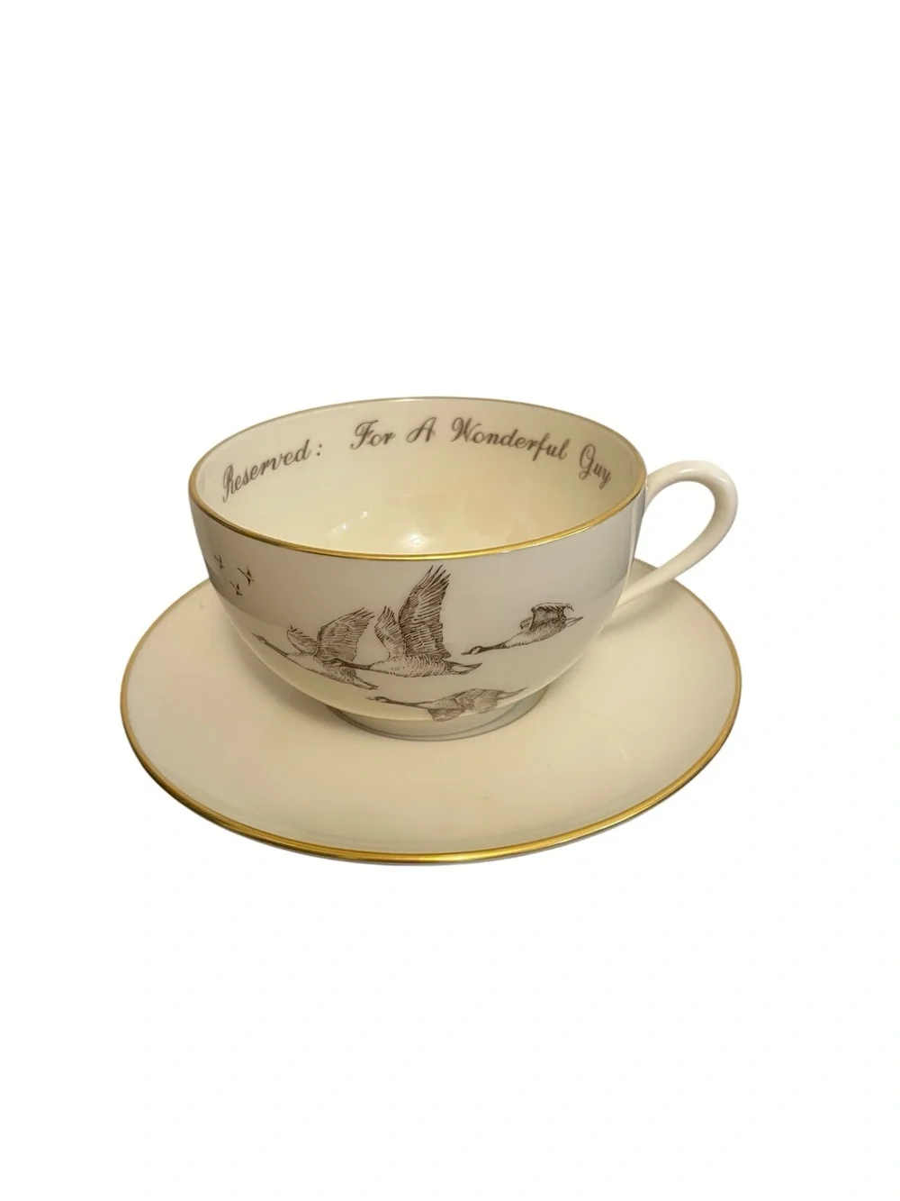 Lenox Reserved For A Wonderful Guy Flying Geese Teacup and Saucer Set Gold Trim